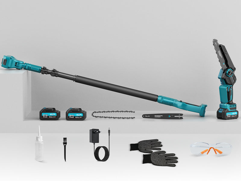 Mini-Motosega 4 in 1 con 2 Batterie, Forbici e Asta Telescopica